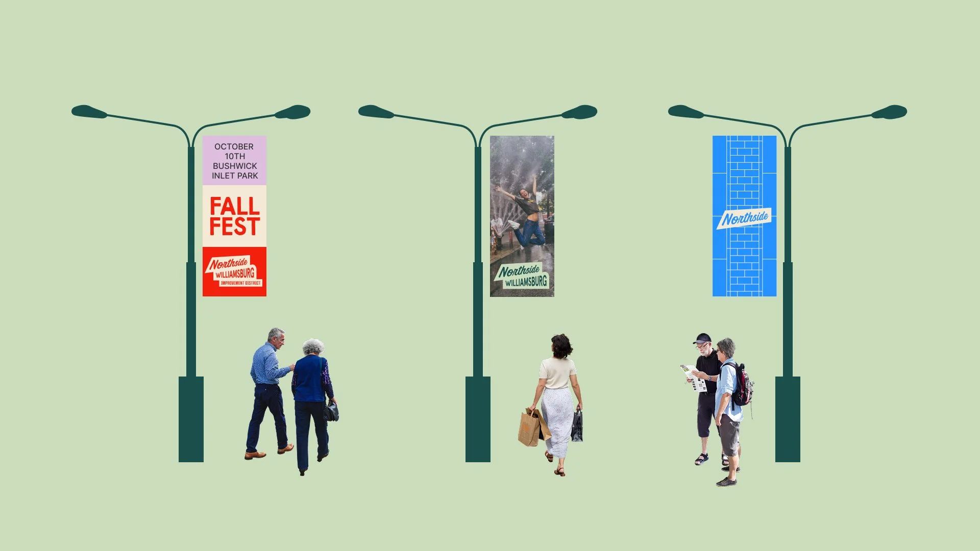 Primate Studio design for the proposed Northside Williamsburg Business Improvement District lamppost designs. Three mocked-up ideas, the first graphic typographic, the second photographic, and the third illustrated in nature.