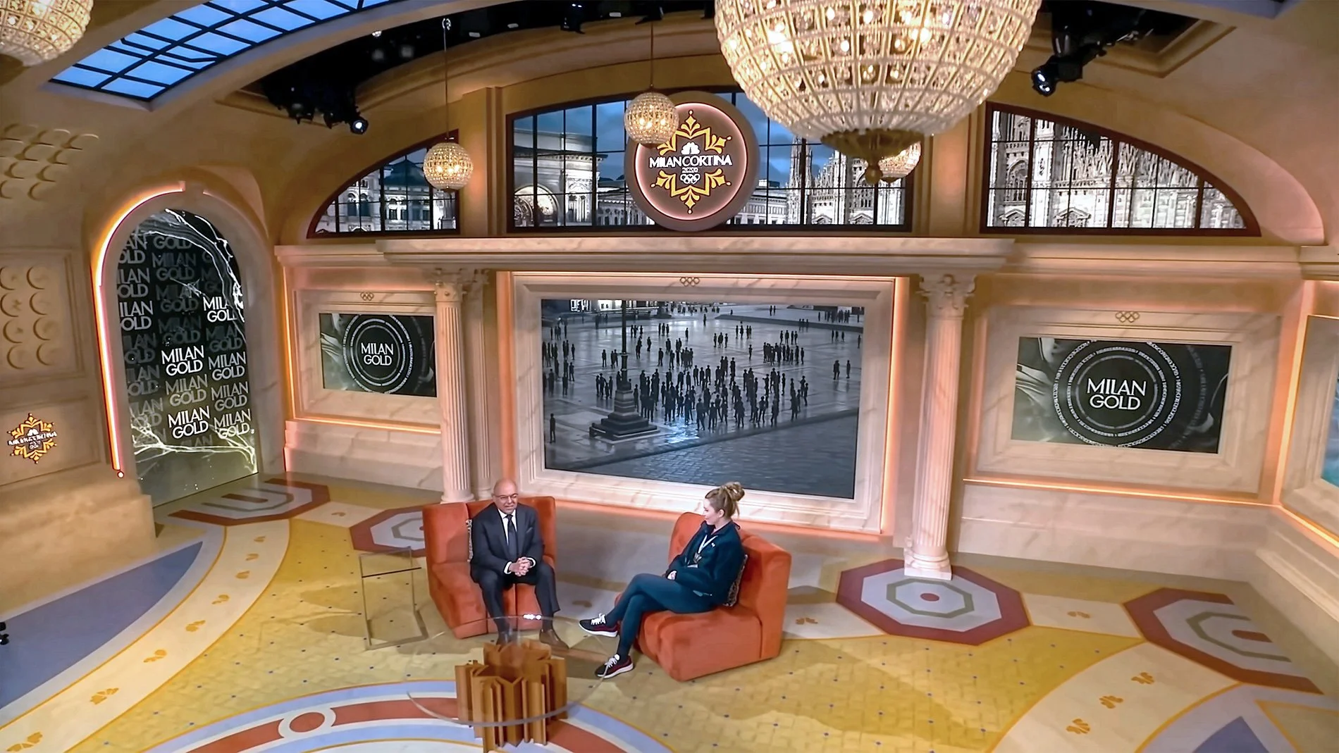 Studio A at the Milan Cortina Winter Olympics for NBC Sports designed by Primate Studio's Paul Benson features a design inspired by traditional Italian architecture and parallax LED technology.