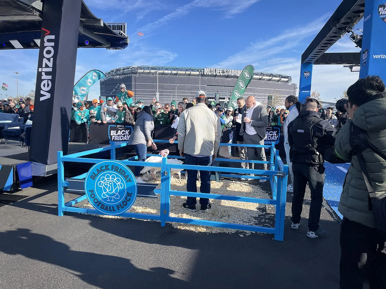 Amazon Prime Black Friday Football scenery turkey area with fans and Metlife Stadium behind