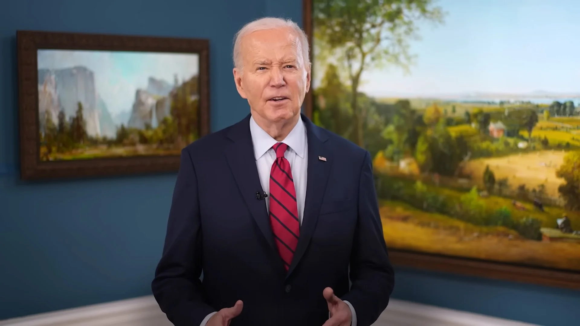 President Joe biden in Studio 46B, the studio designed by Primate Studio for the Biden campaign headquarters