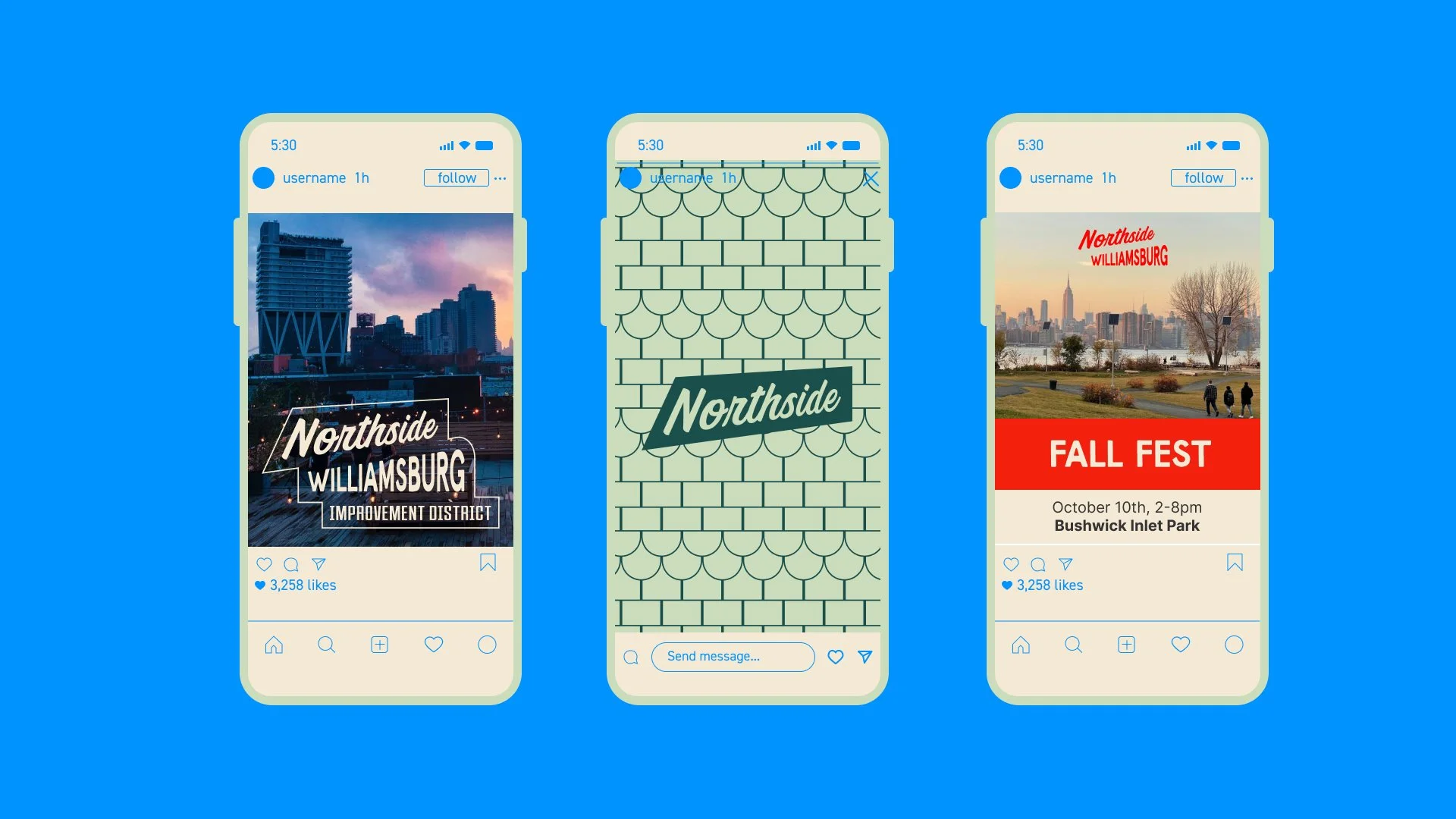 Primate Studio design for the proposed Northside Williamsburg Business Improvement District social media mock-ups. Three shown, the first photographic in nature, the second featuring an illustration, and the third featuring typography.