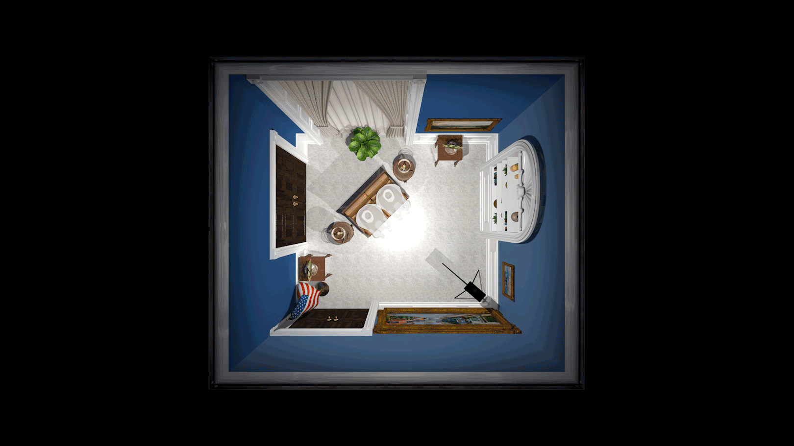 Axonometric view of Studio 46B, Primate Studio's design for the Biden presidential campaign, showing a variety of shooting set-ups.