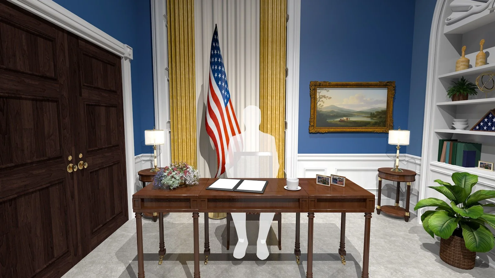 Rendered view of Studio 46B at the Biden White house, showing the design by Primate Studio, of a modular desk set-up.