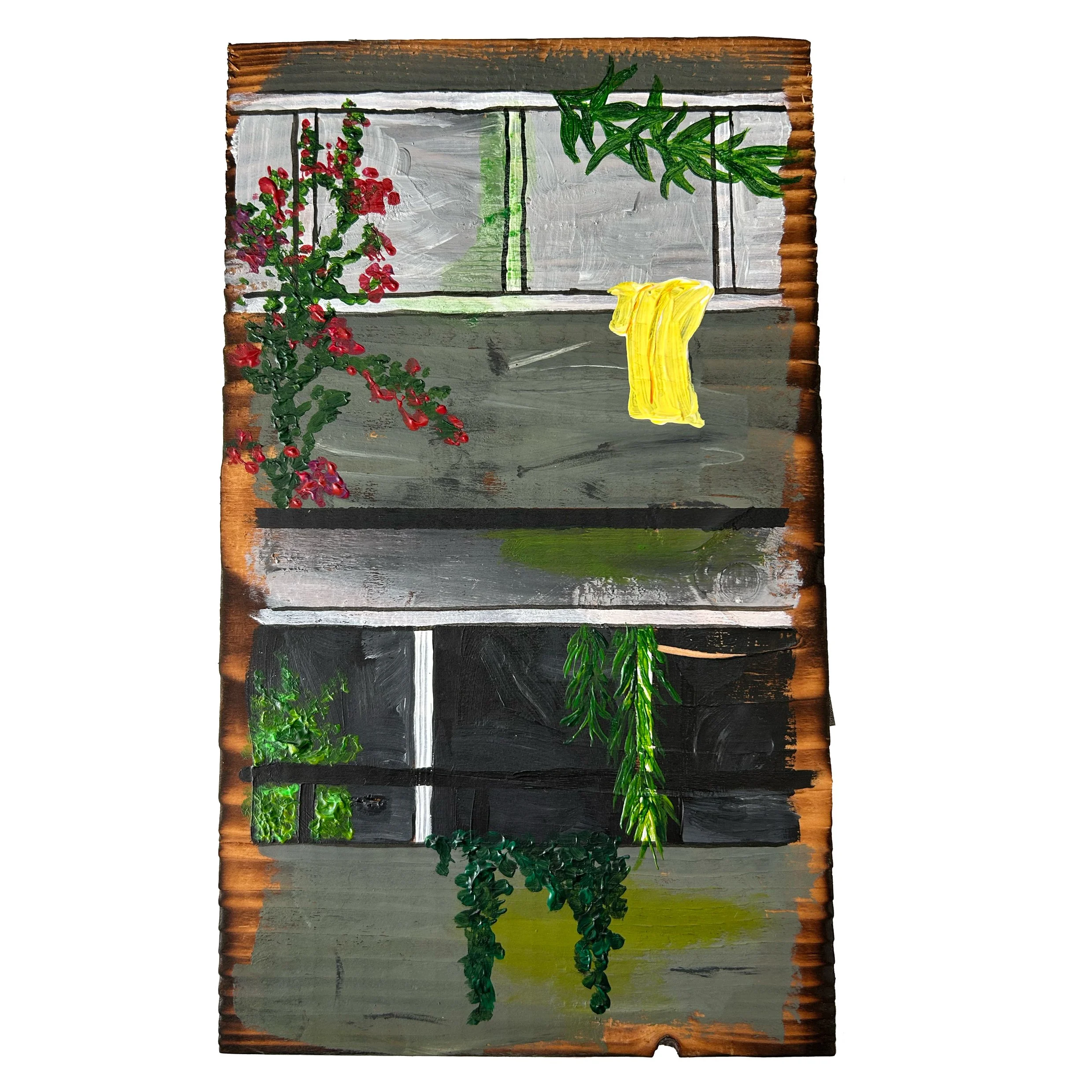 Rewild 2 - £60 acrylic on torched pine - 14.5cm x 24.5cm