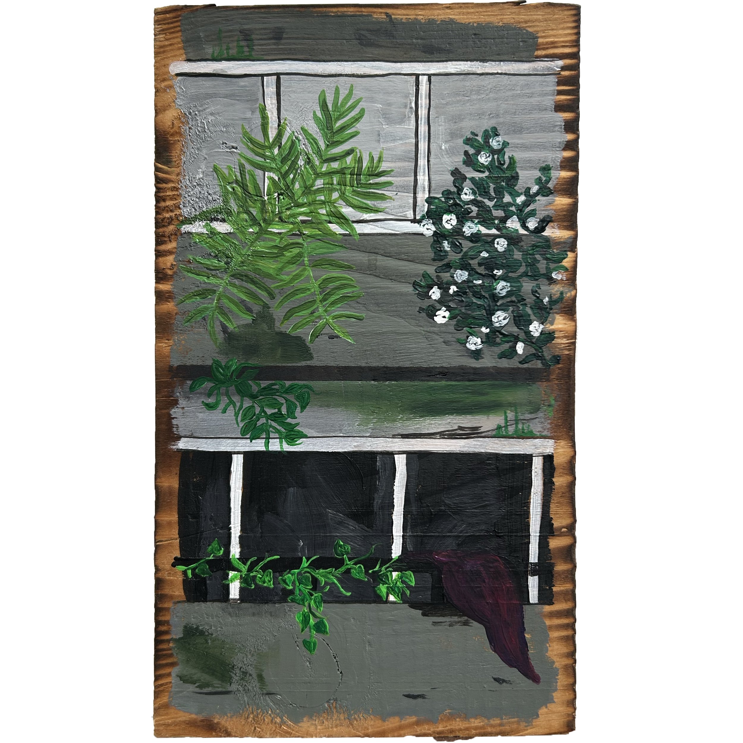 Rewild 3 - £60 acrylic on torched pine - 14.5cm x 24.5cm