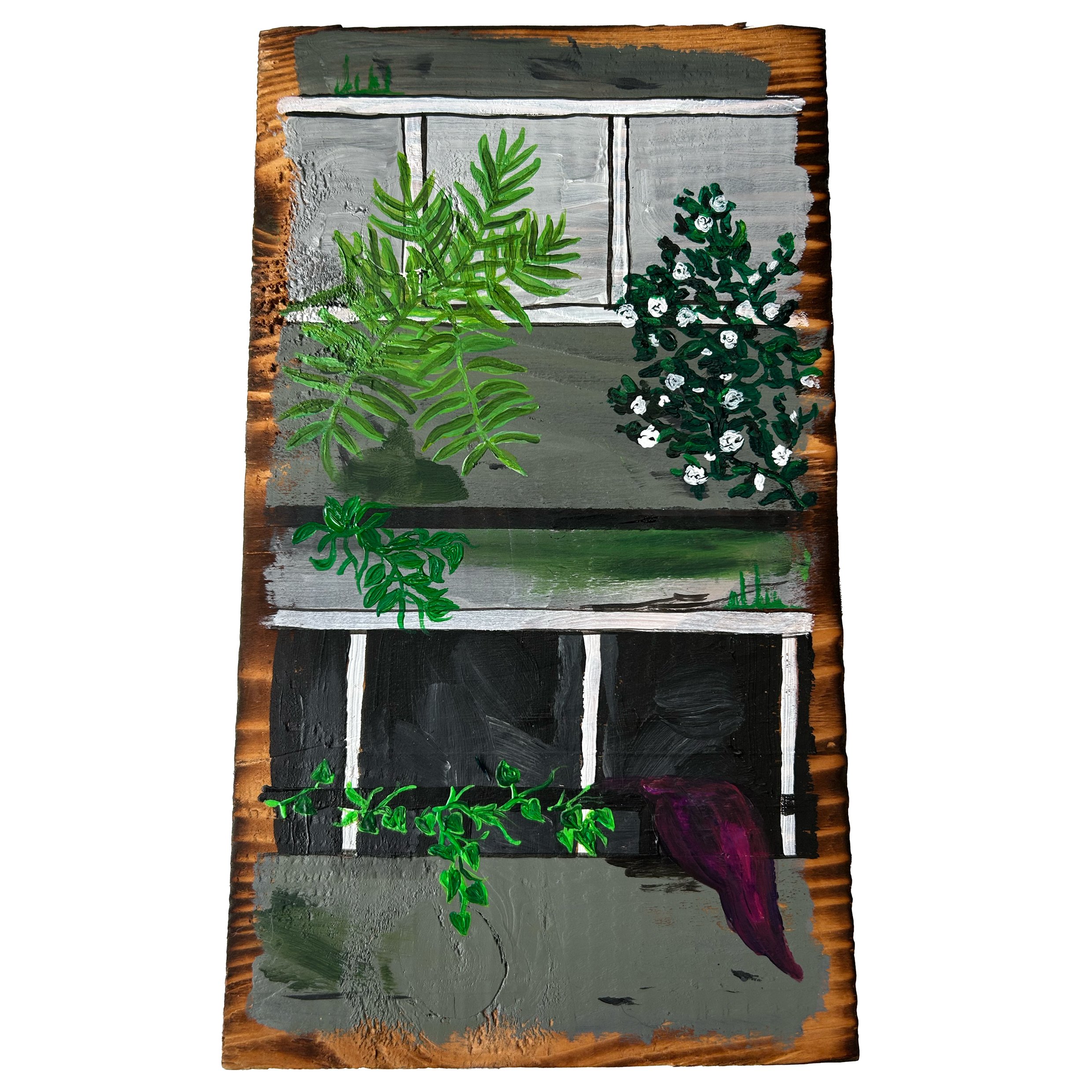 Rewild 2 - £60 acrylic on torched pine - 14.5cm x 24.5cm