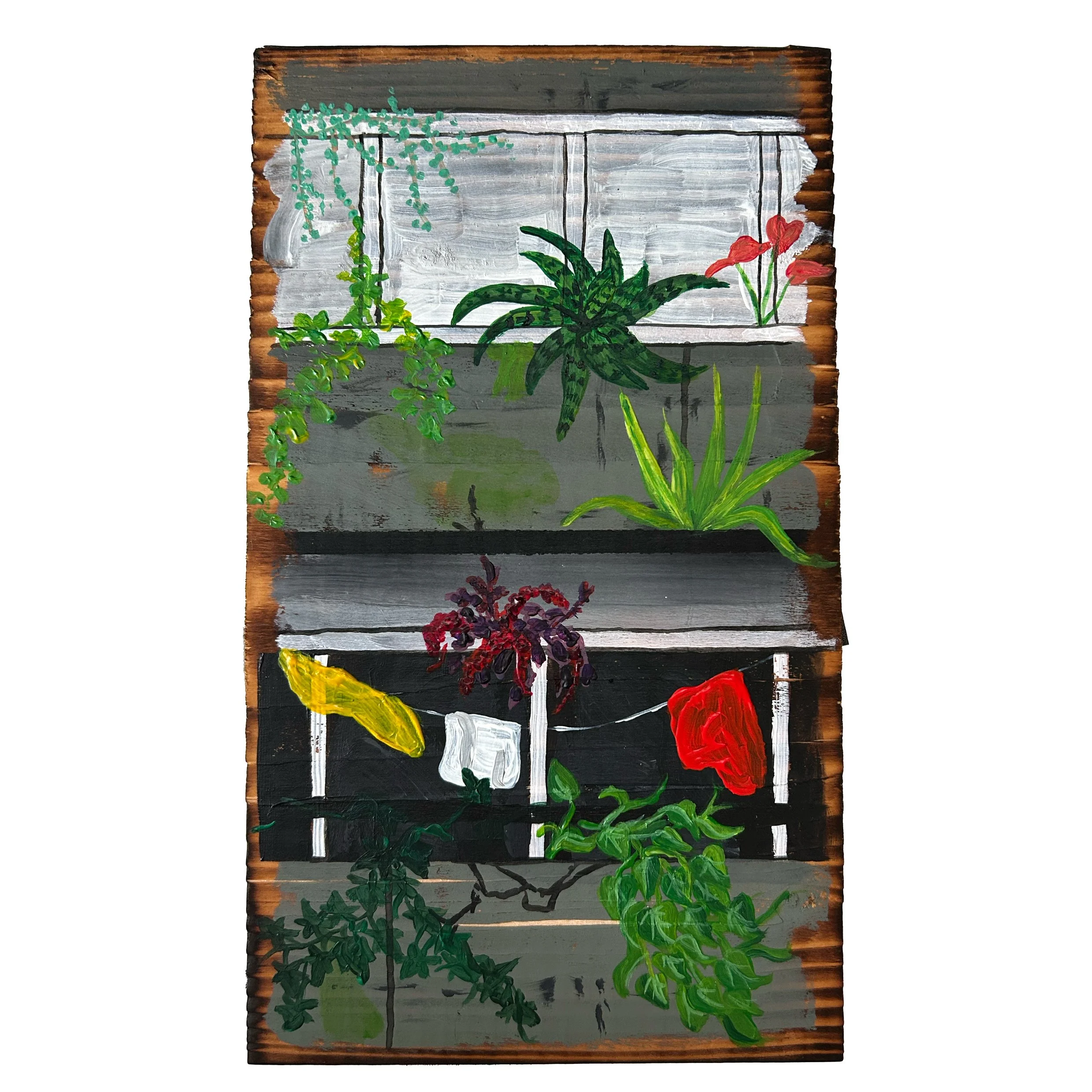 Rewild 1 - £60 acrylic on torched pine - 14.5cm x 24.5cm