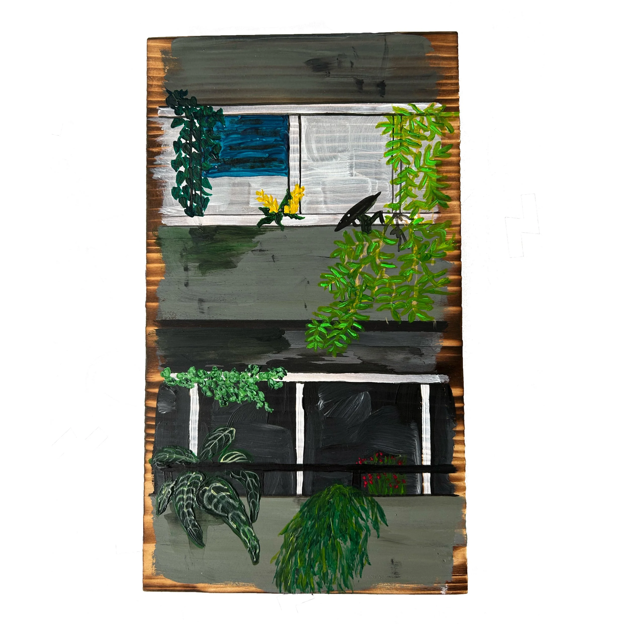 Rewild 24 - £60 acrylic on torched pine - 14.5cm x 24.5cm