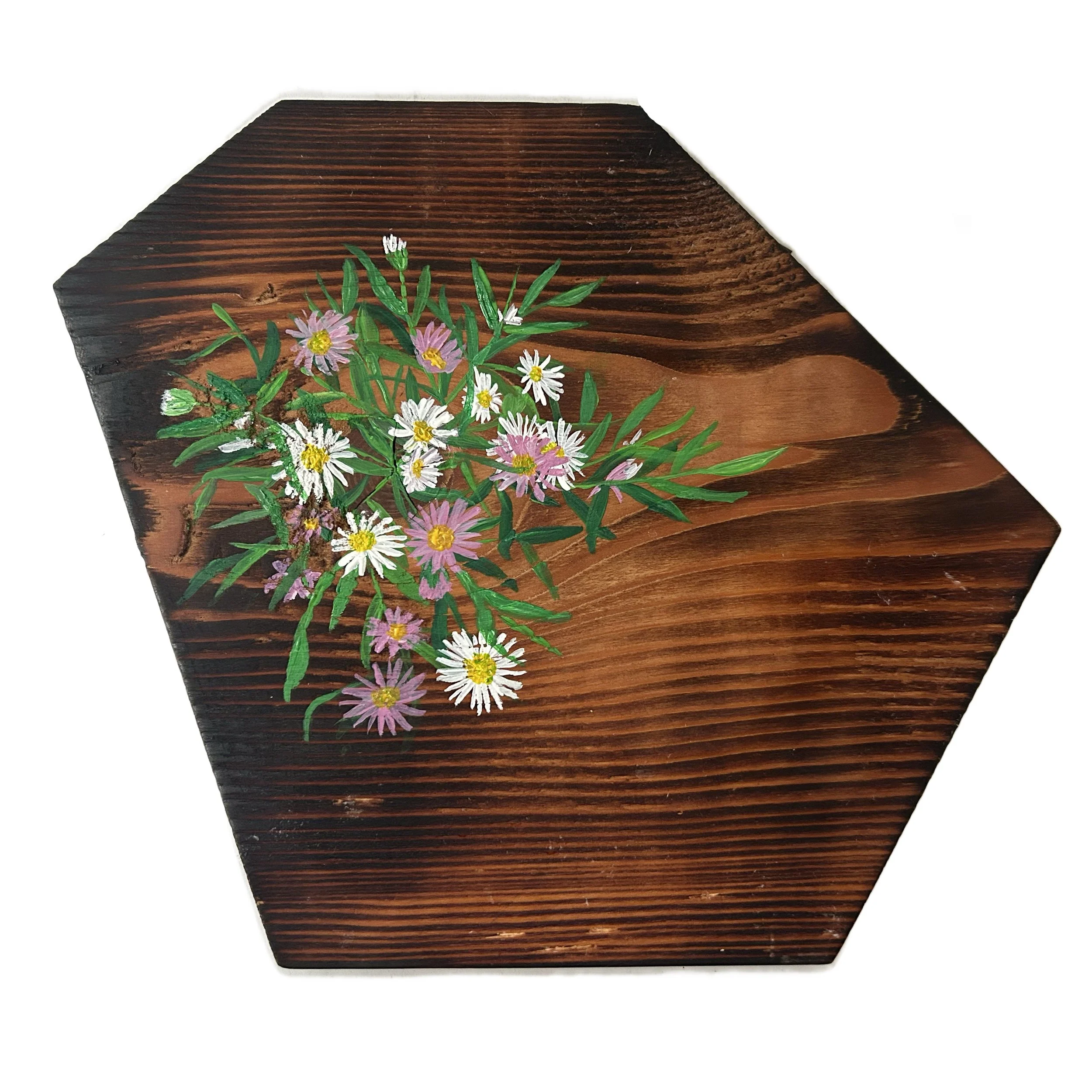 Erigeron (fleabane) - £60 acrylic on torched pine 26cm x 21.5cm