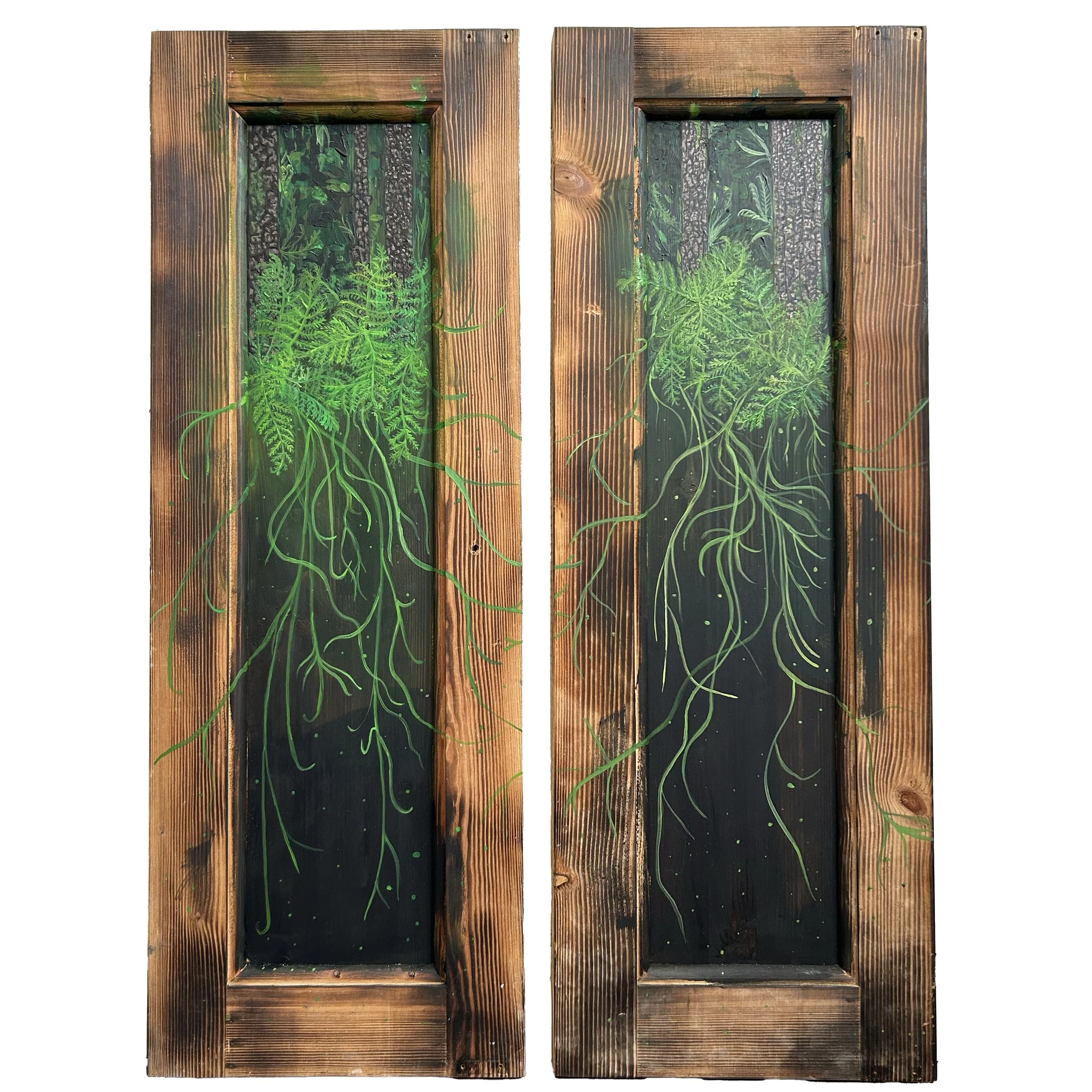 Mycorrhizal - £300 acrylic on torched pine cabinet doors - each door measures 57cm x 70cm 