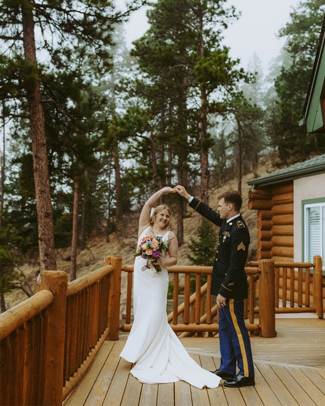 Cheers to 2️⃣ years married! ✨ @jayweigh &amp; @nj_legion152 celebrated their anniversary with an intimate vow renewal last week in Cascade, CO. It was the perfect weather for their cabin ceremony surrounded by foggy pines. It&rsquo;s giving twilight