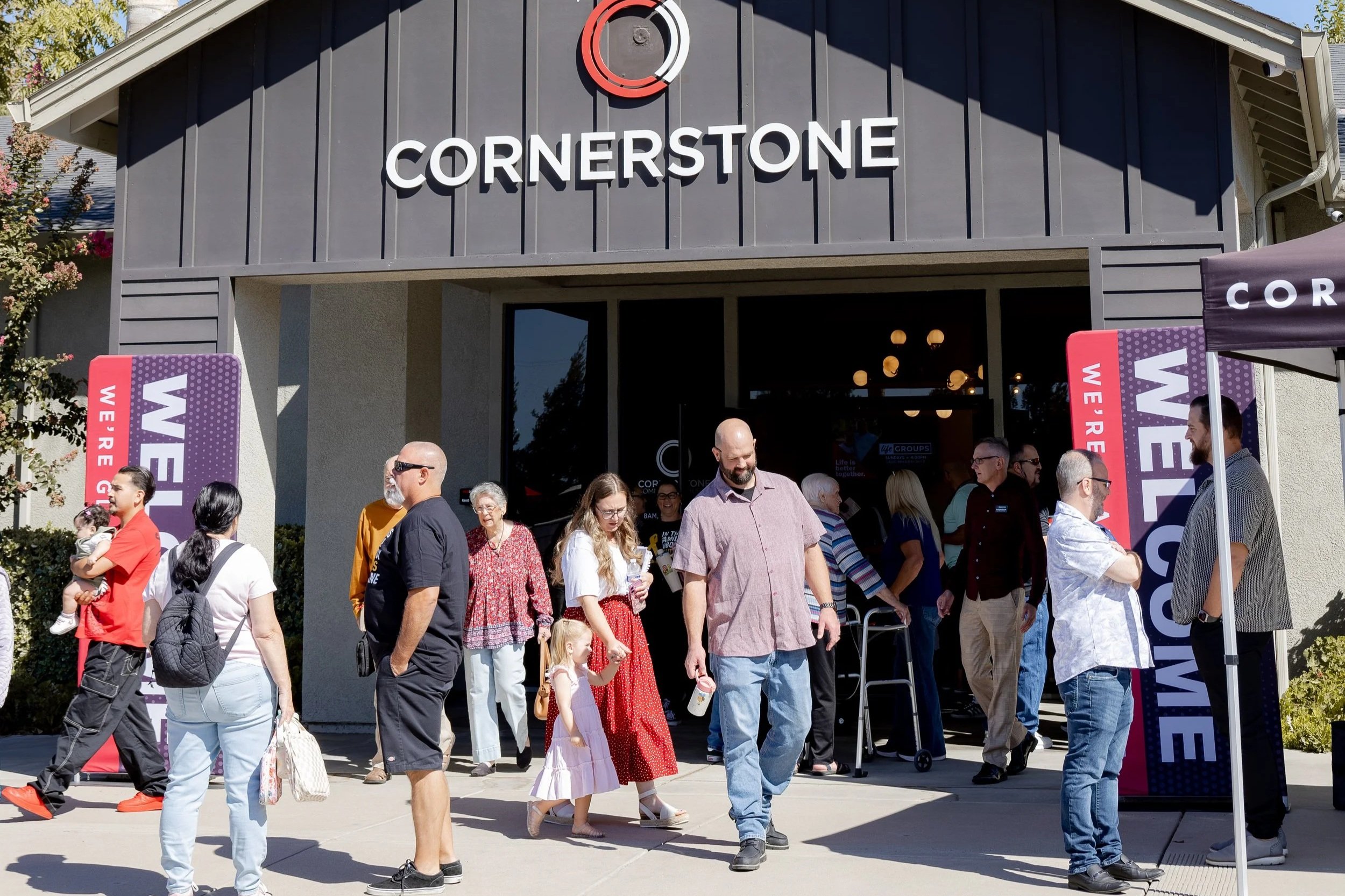 eople gathering outside Cornerstone Community Church after a Sunday service in Manteca