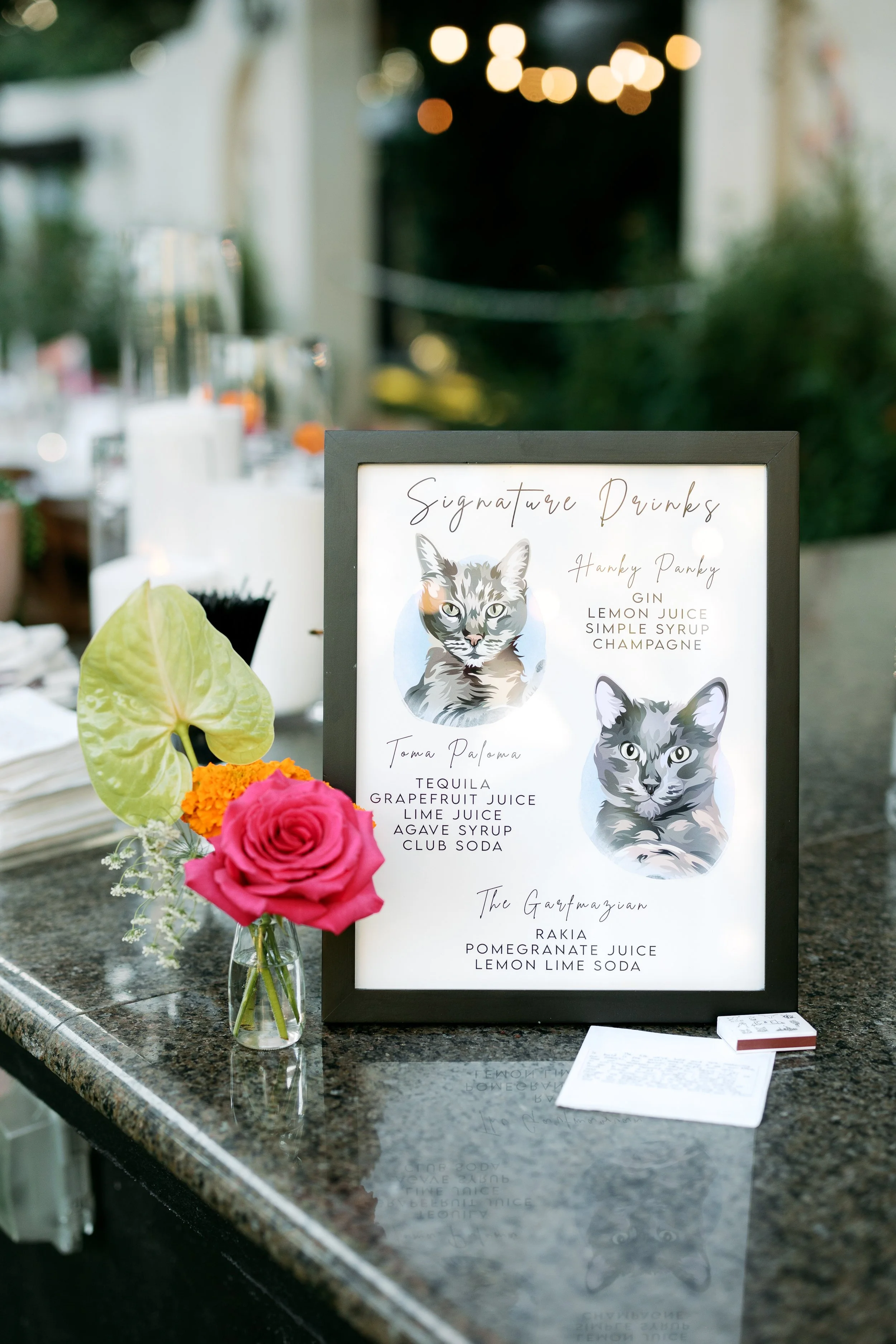 Signature drink sign detail at Tivoli Italian Villa wedding reception in Escondido, California