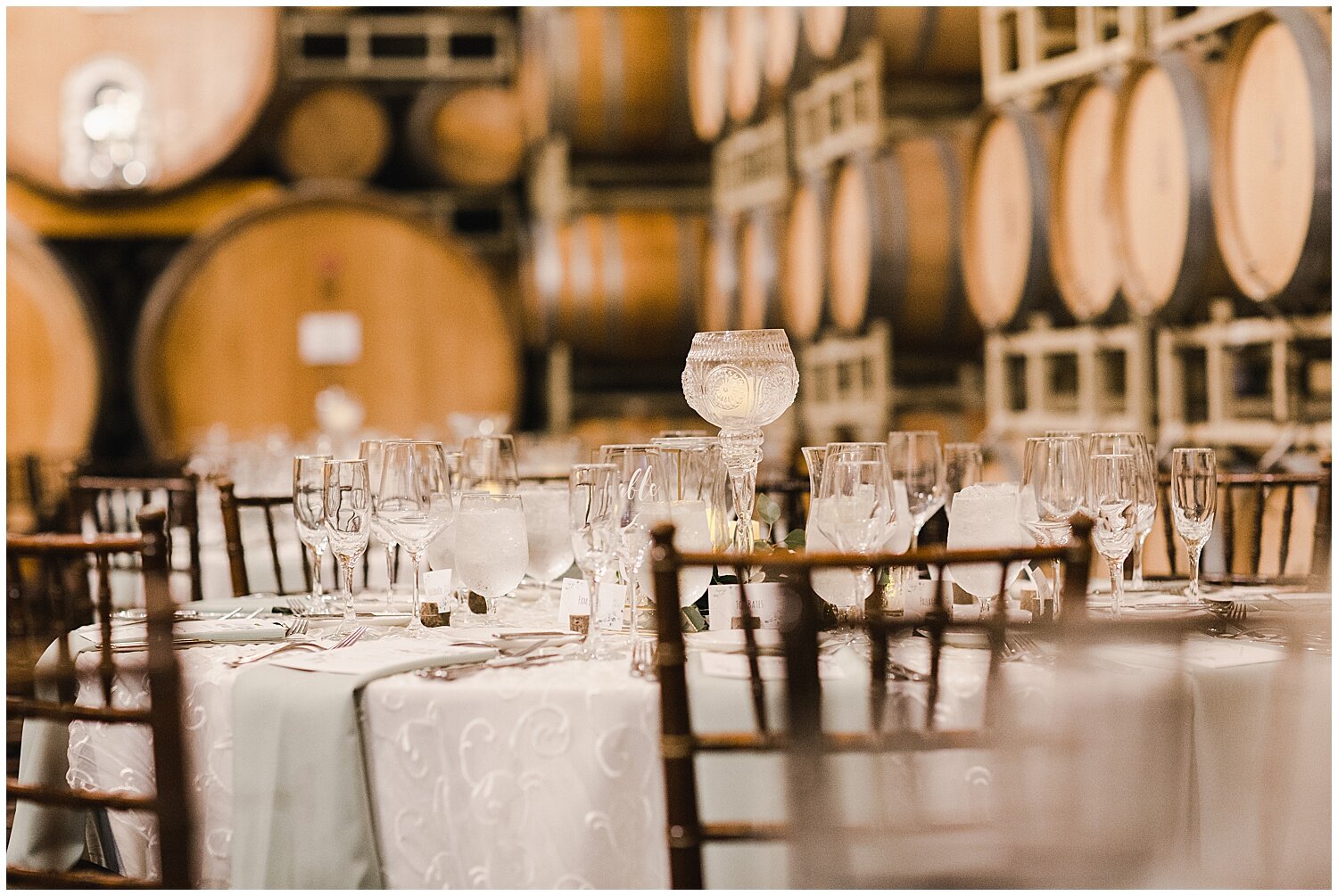 Barrel room wedding reception at Ponte Winery