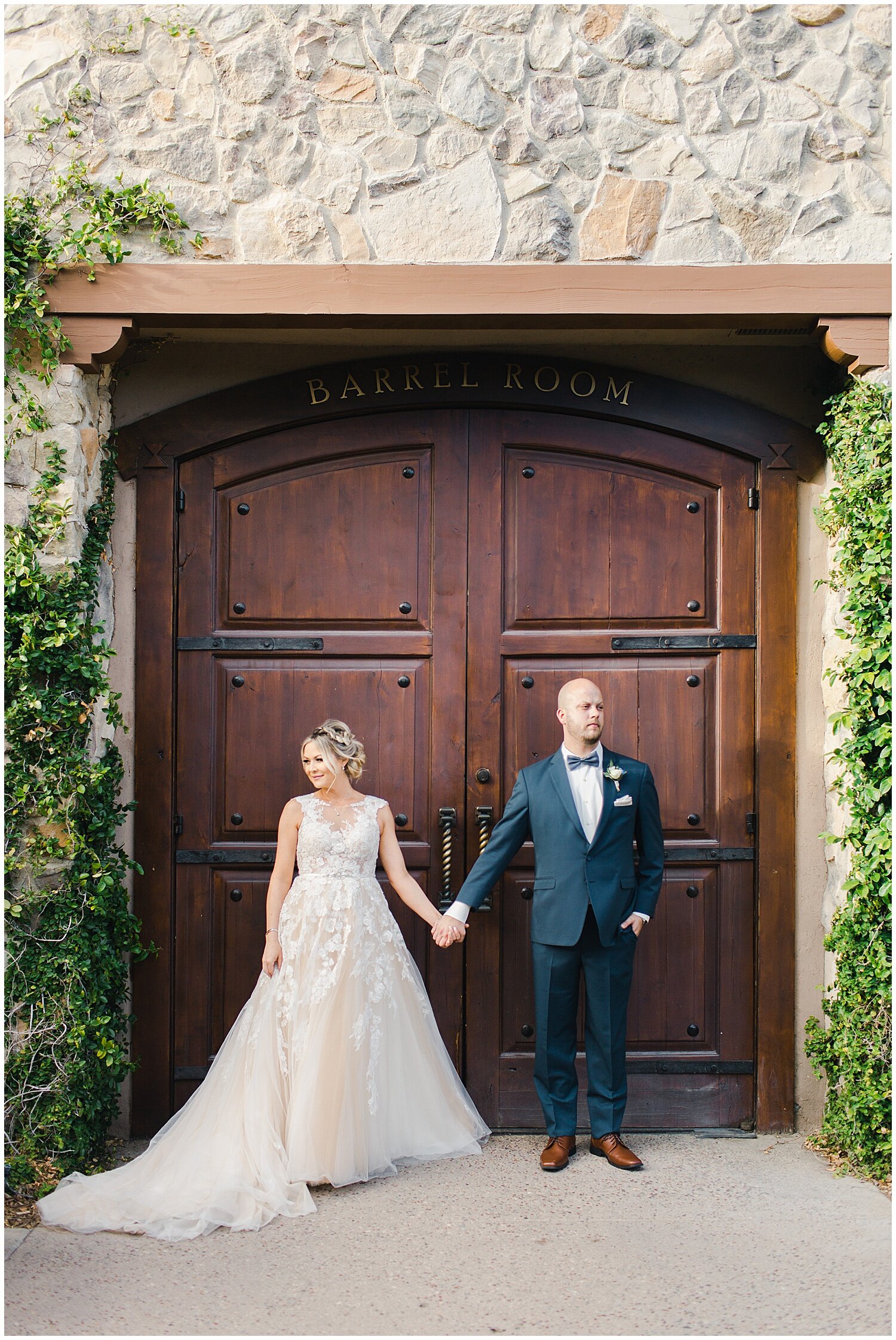 Bride and groom portrait outside barrel room at Ponte Winery in Temecula