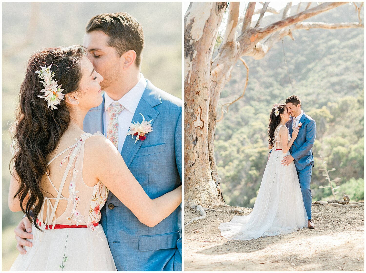  Outdoor wedding on Catalina Island, micro wedding, bride and groom portraits, light and airy photographer in San Diego, destination wedding photographers, floral hair piece, boutonniere, tulle wedding dress with floral embroidery, 