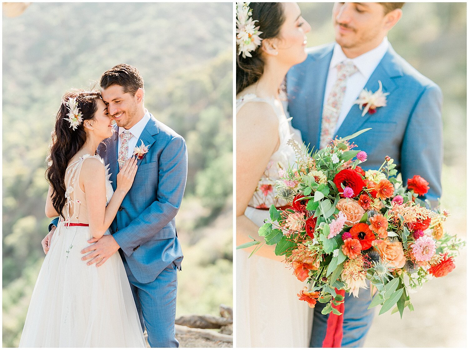  Outdoor wedding on Catalina Island, micro wedding, bride and groom portraits, light and airy photographer in San Diego, destination wedding photographers, floral hair piece, boutonniere, tulle wedding dress with floral embroidery, 