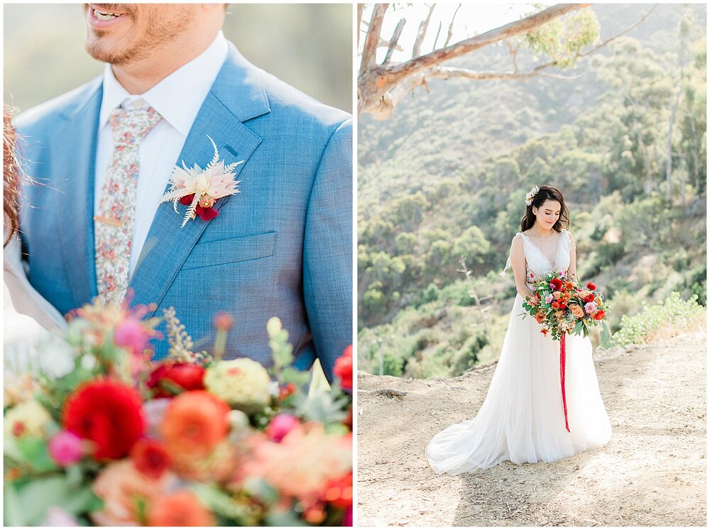  Outdoor wedding on Catalina Island, micro wedding, bride and groom portraits, light and airy photographer in San Diego, destination wedding photographers, floral hair piece, boutonniere, tulle wedding dress with floral embroidery, 
