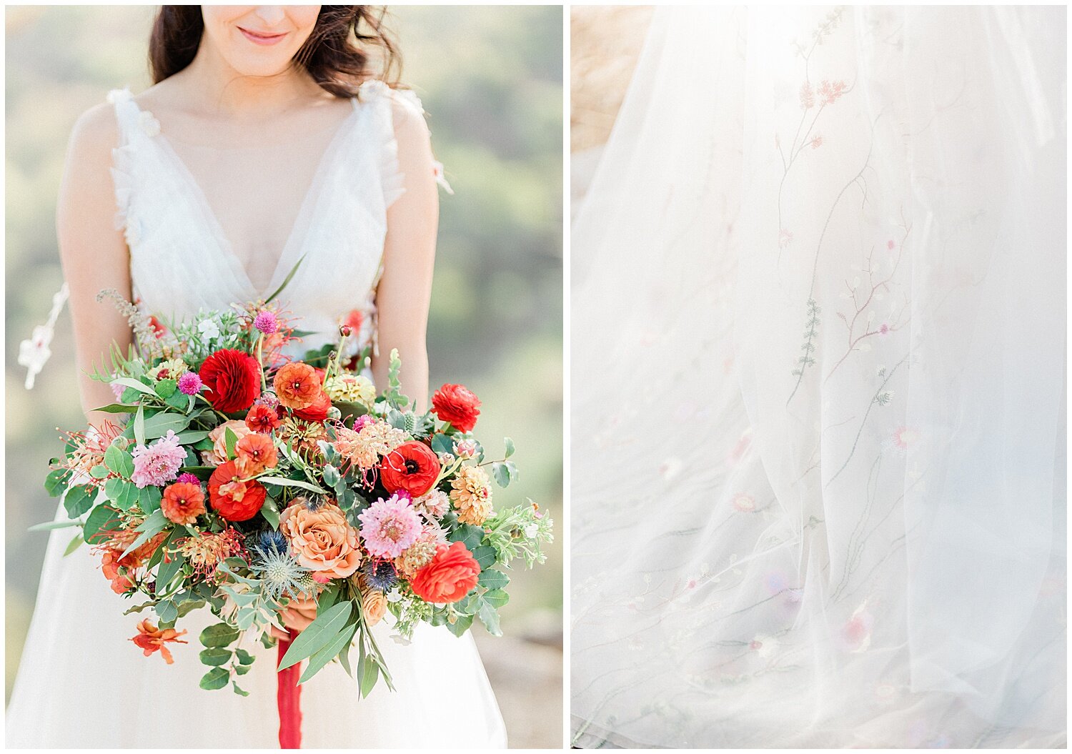  light and clean bridal portraits, floral wedding bouquet, wedding flowers, red wedding flowers, yellow wedding flowers, red silk ribbon, floral embroidery wedding dress 