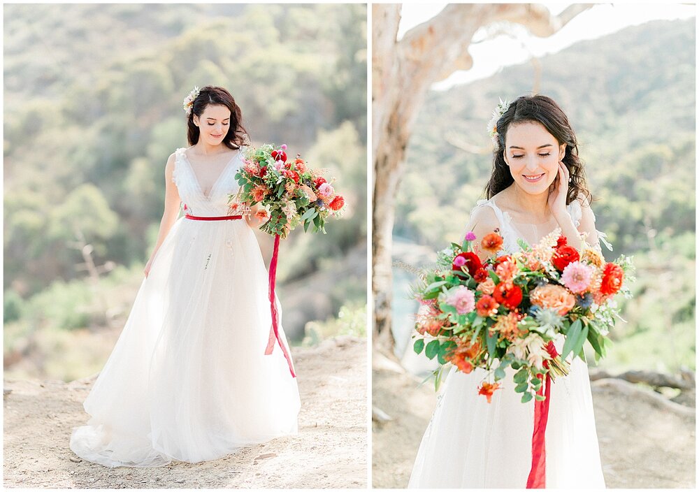  light and clean bridal portraits, floral wedding bouquet, wedding flowers, red wedding flowers, yellow wedding flowers, red silk ribbon, floral embroidery wedding dress 