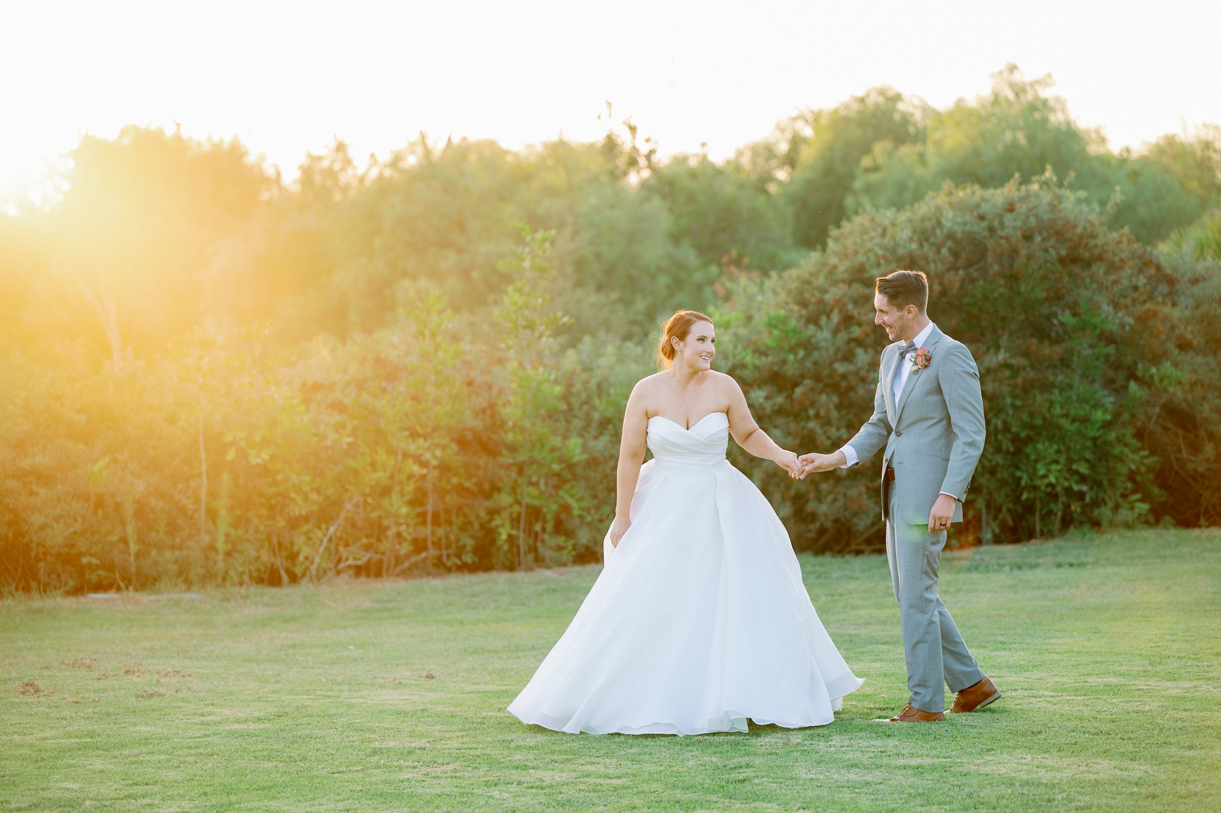 Bride and groom in soft sunset light at a Southern California garden wedding
