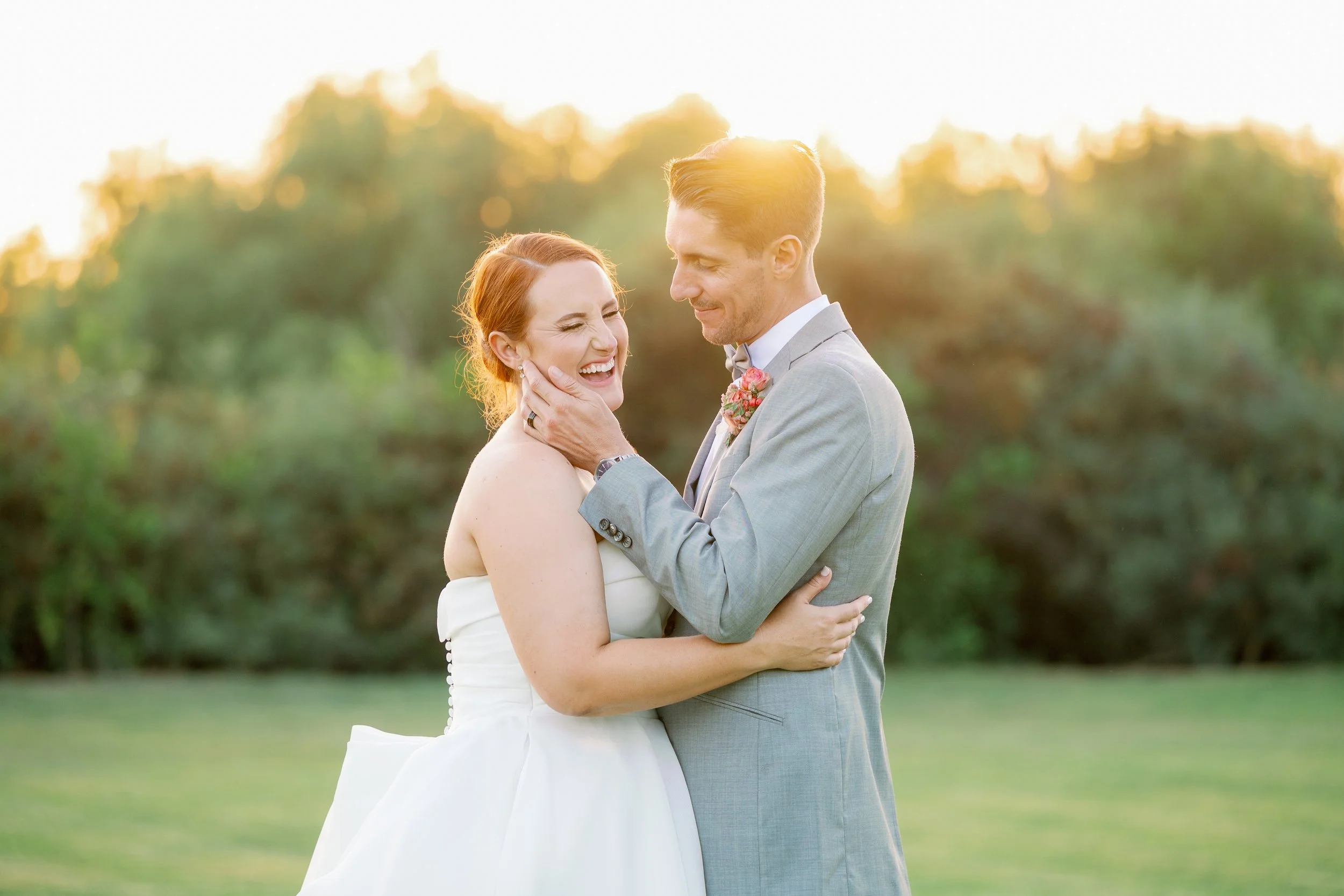 Bride and groom in soft sunset light at a Southern California garden wedding