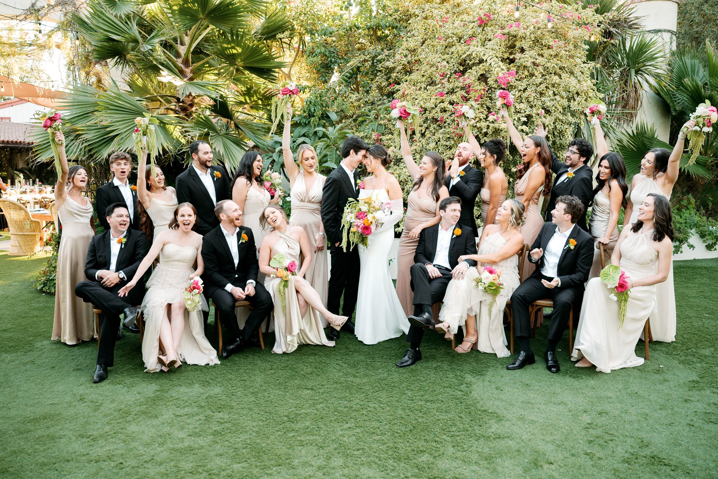 Group wedding party at Tivoli Italian Villa garden courtyard in Escondido, California