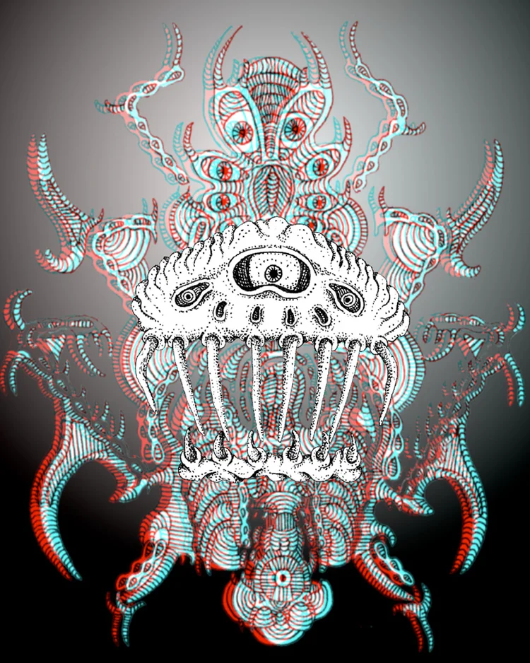 Insect God, a detailed red-and-blue anaglyph illustration