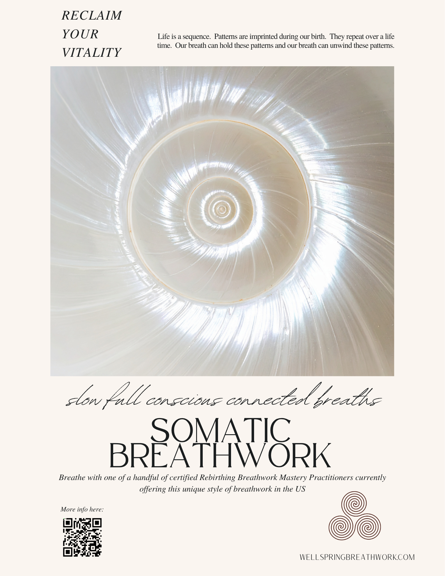 Decorative graphic promoting somatic breathwork with a spiral shell pattern at the center and surrounded by text about the breathing technique.