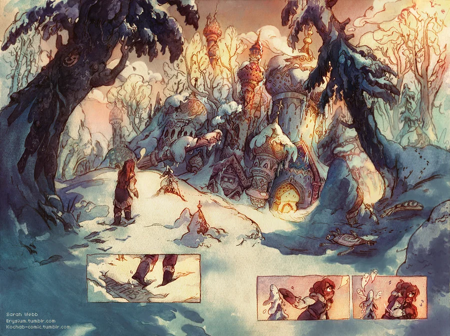 kochab-comic :
Pages 8 & 9! Will have an extra page up on friday too !
Pretty happy with this watercolor +digital spread!! Made out of an old digital concept art idea I never got around to. This spread is 2 of the 3 pages I’m posting this week - the rest of the comic is at kochab-comic.tumblr.com!!