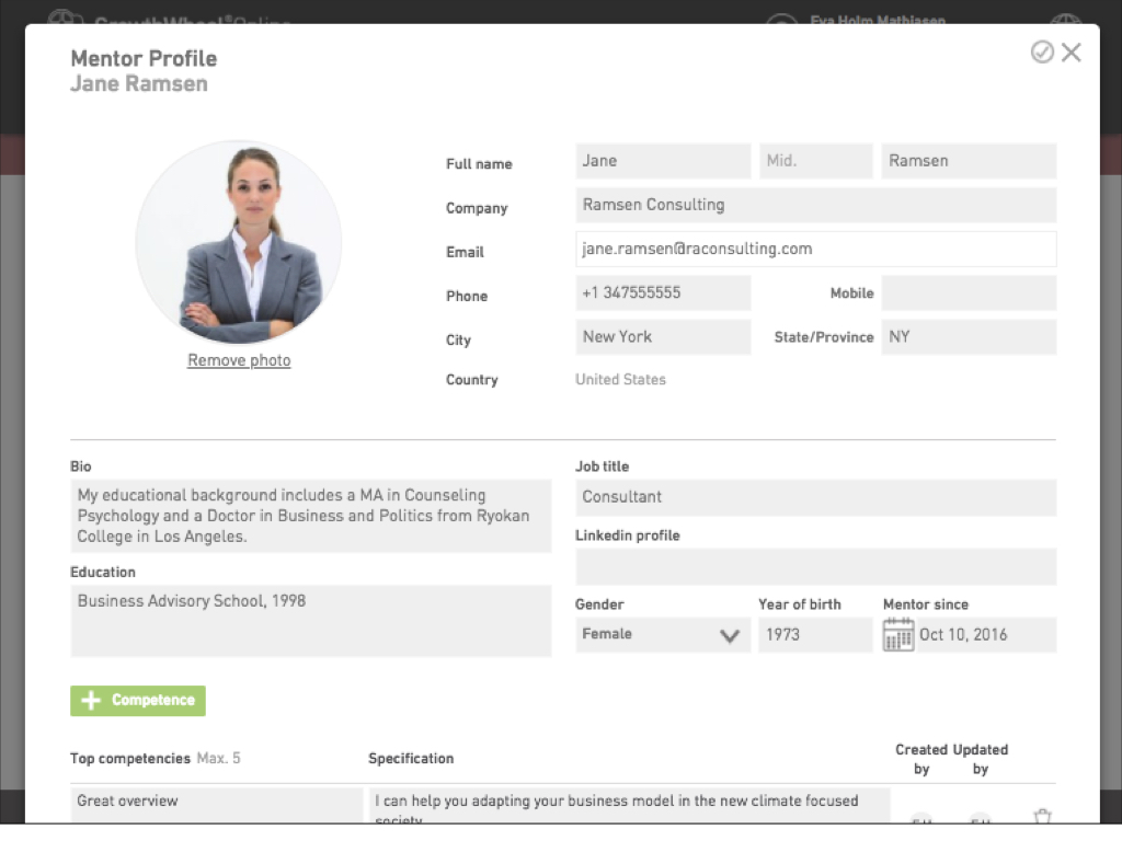 Example of a Mentor Profile on GrowthWheel Online