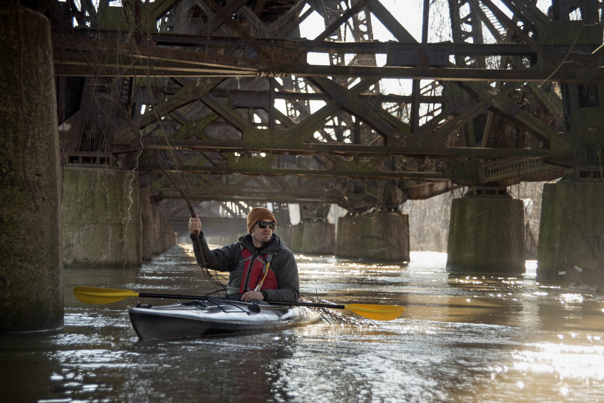 The flood waters of the Mississippi River nearly reach the bottom of the I-55 bridge, and two rail bridges crossing between Memphis and Arkansas.