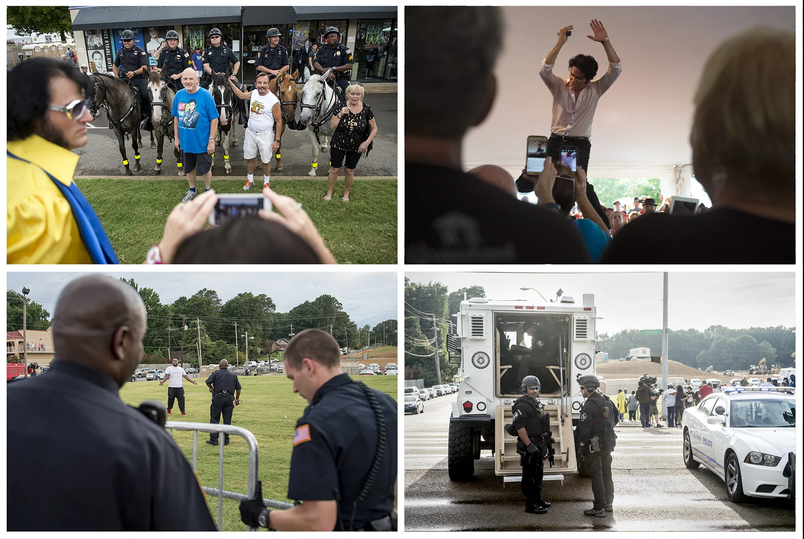 White tourists pose with police at Graceland while Black visitors are kept out under threat of arrest.