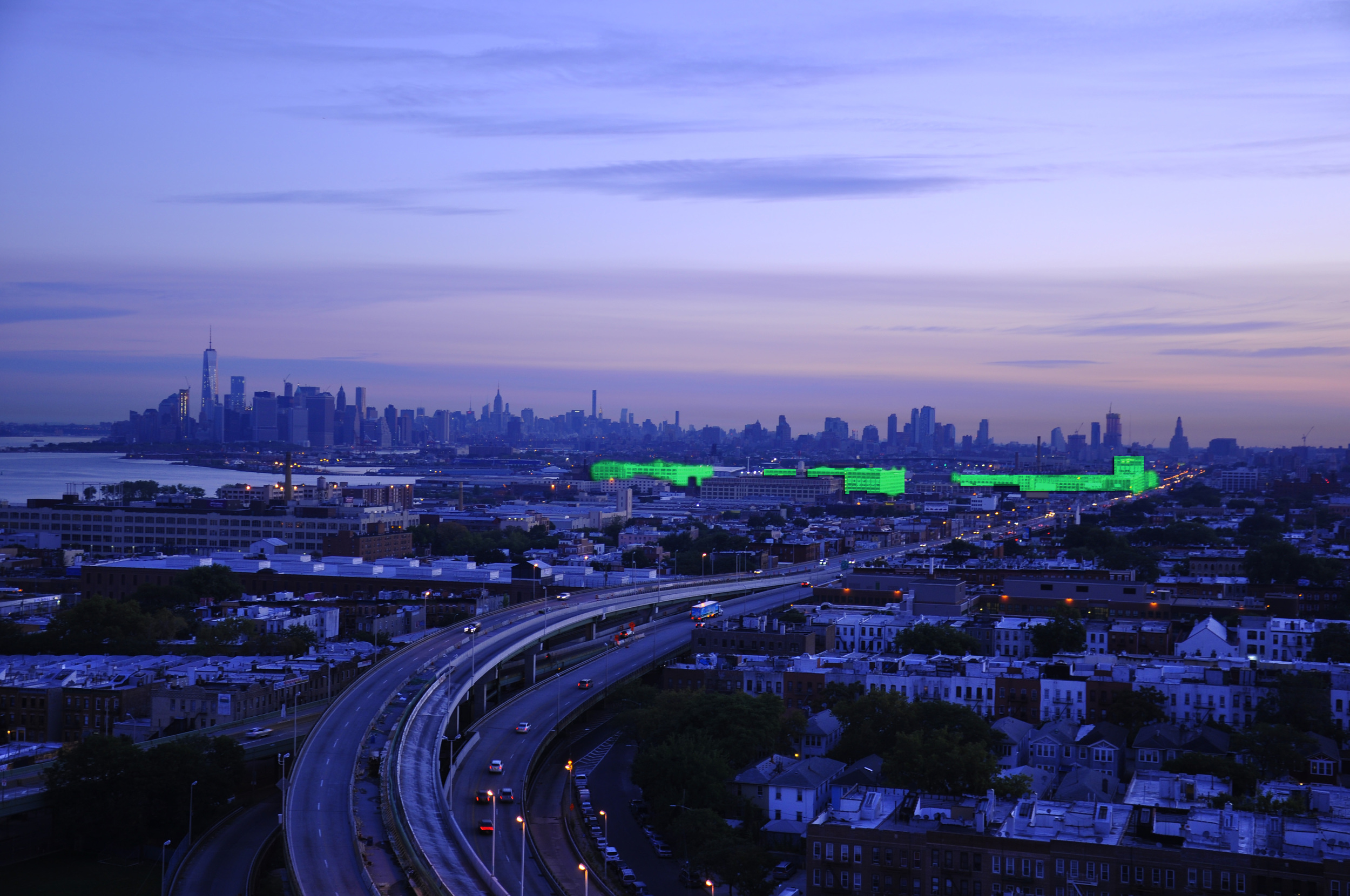The historic Bush Terminal Buildings as viewed at dawn from my apartment.