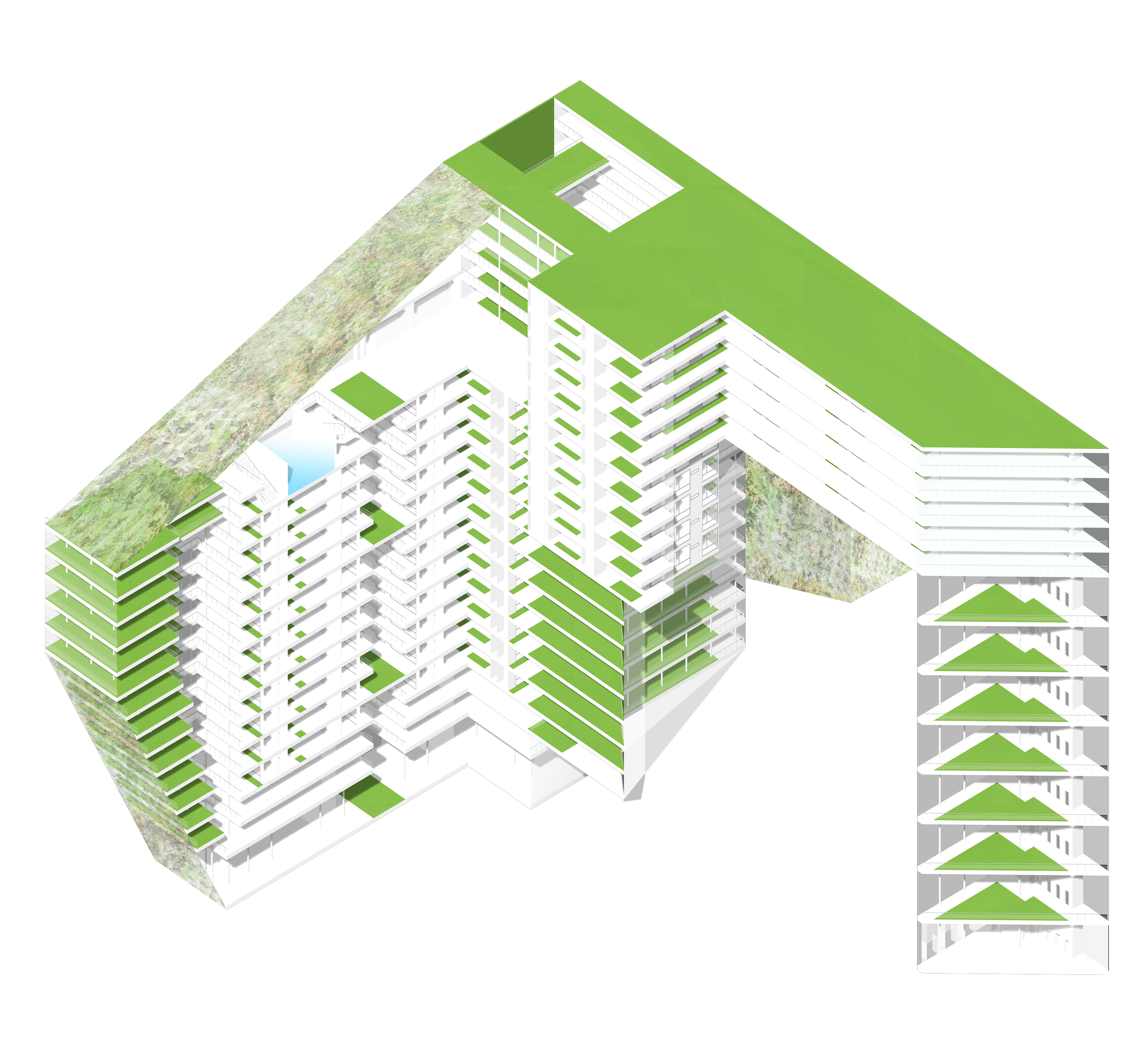 Axonometric view of building; façade removed.