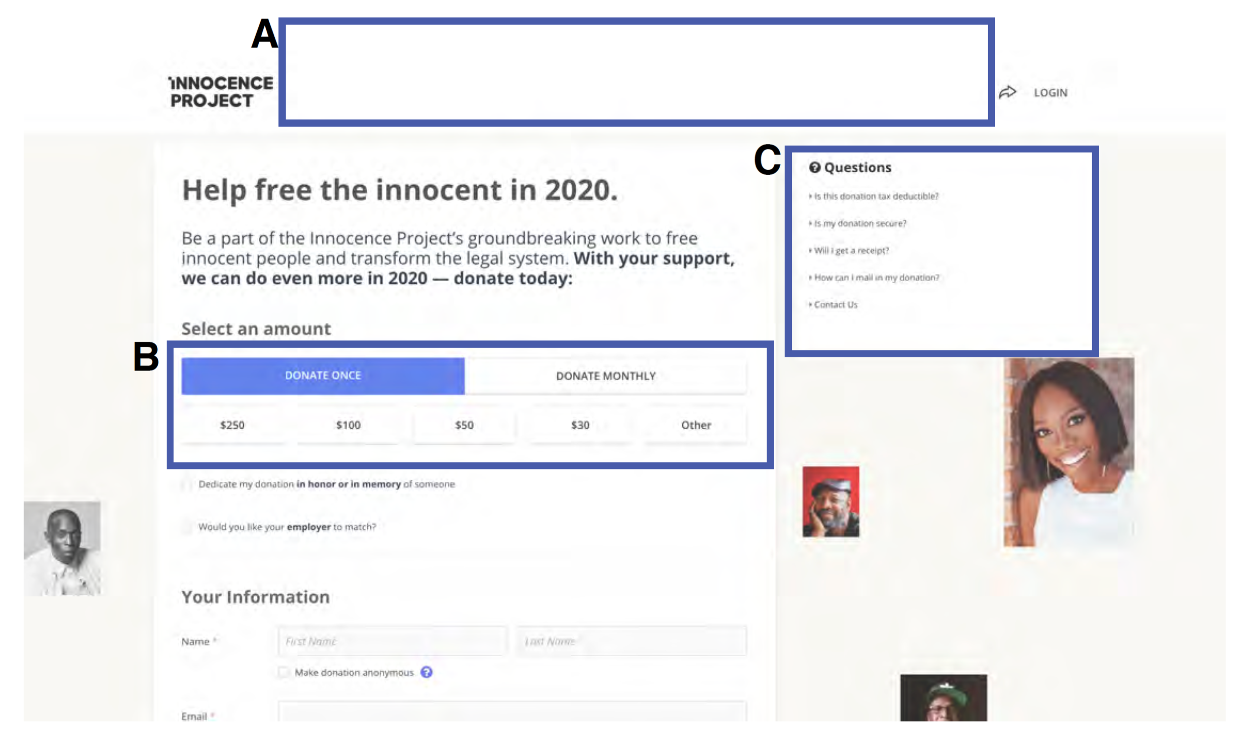 Figure 1. The Innocence Project Donate page on a desktop browser. 