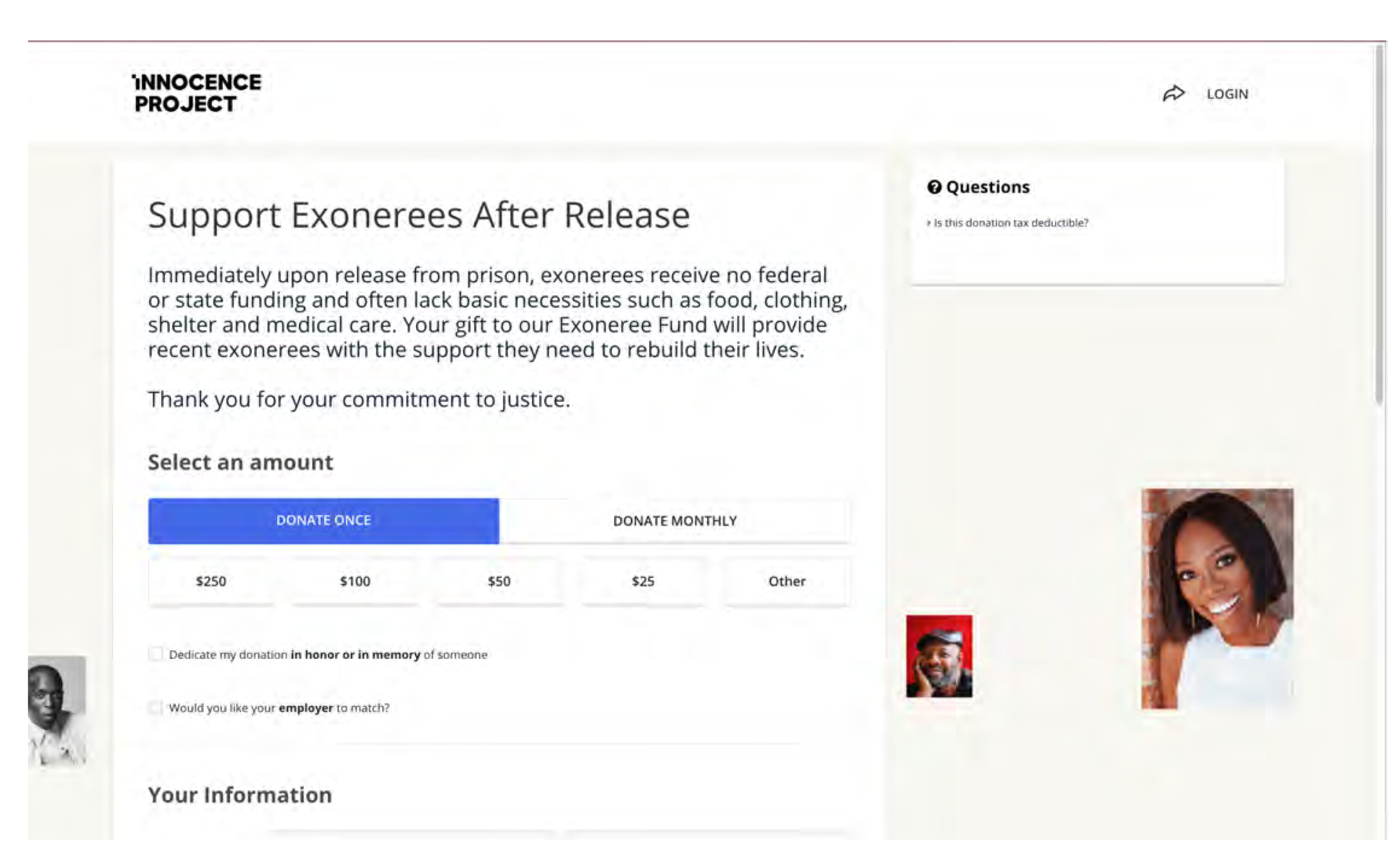 Figure 2. The Innocence Project Support Exonerees After Release page on a web browser