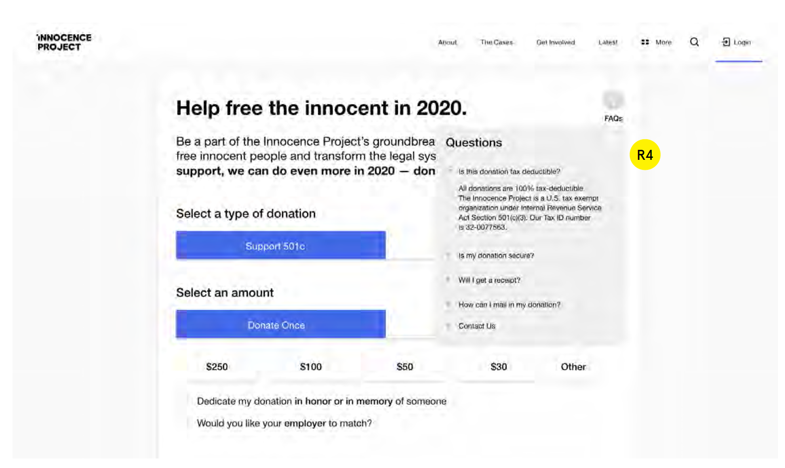 Figure 7. Recommendation for the Innocence Project Donate page with FAQ section extended on a desktop browser
