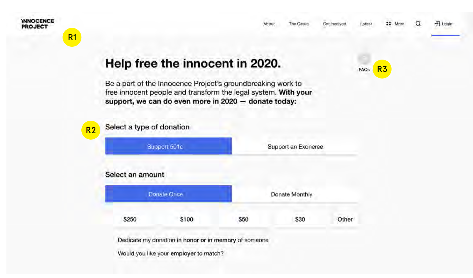 Figure 6. Recommendation for the Innocence Project Donation page on a desktop browser.