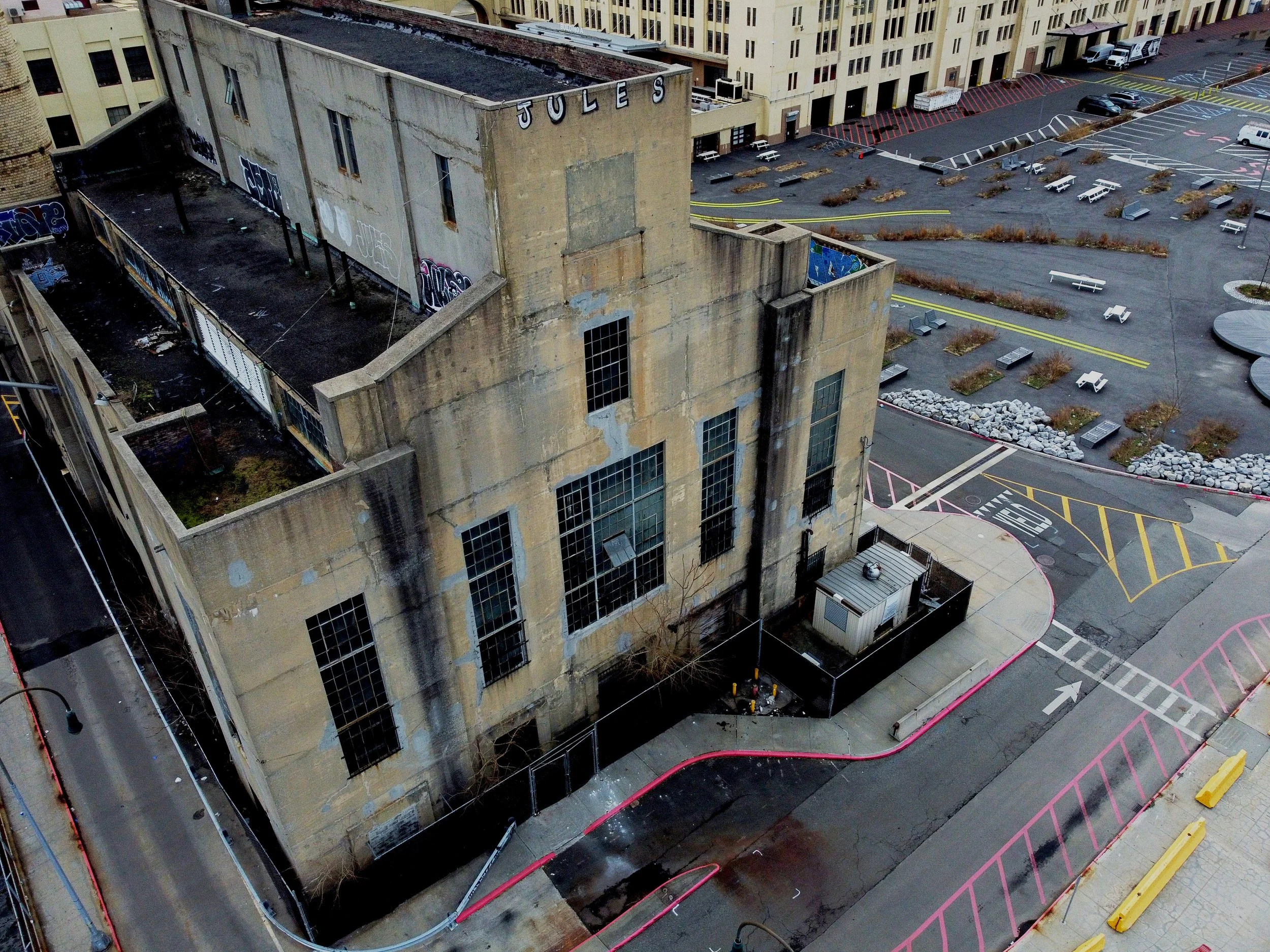 A photograph taken by drone of the Power Station at the Brooklyn Army Terminal. The image was taken by drone and shows the west facade of the building.