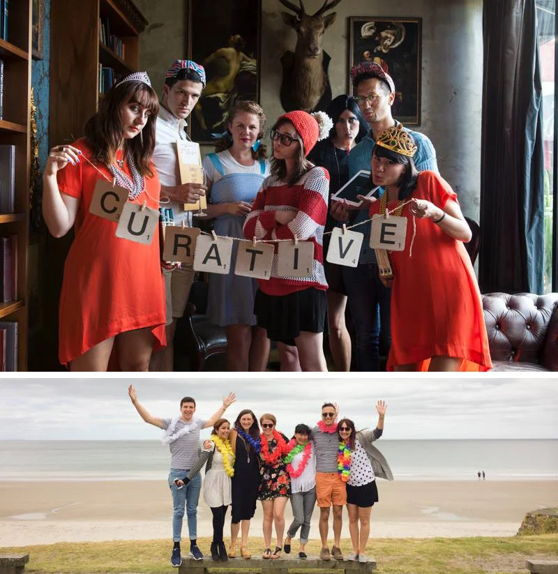 TOP: Curative's 3rd Birthday Party - 'Bibliobash' BOTTOM: Curative away-day over in Waiheke (L-R: Eddy Dever, Meghan Geliza, Jemma Field, Aria Taylor, Jade Tang-Taylor, Kaan Hiini, Eddy Royal)