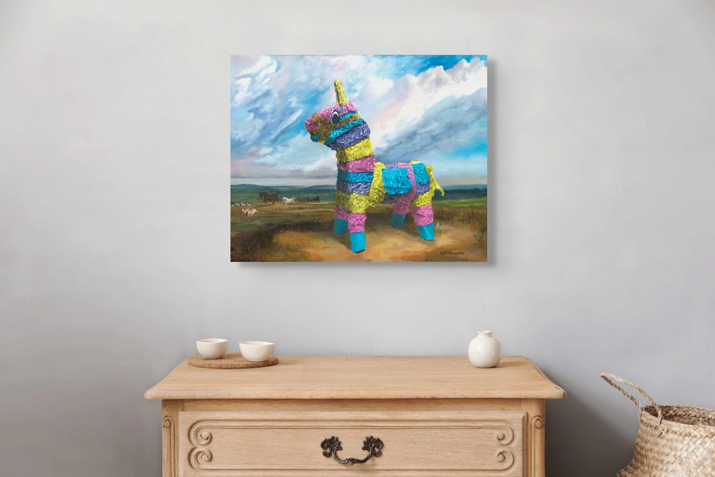 Piñata with Sheep & Horses in Landscape - Original Oil Painting