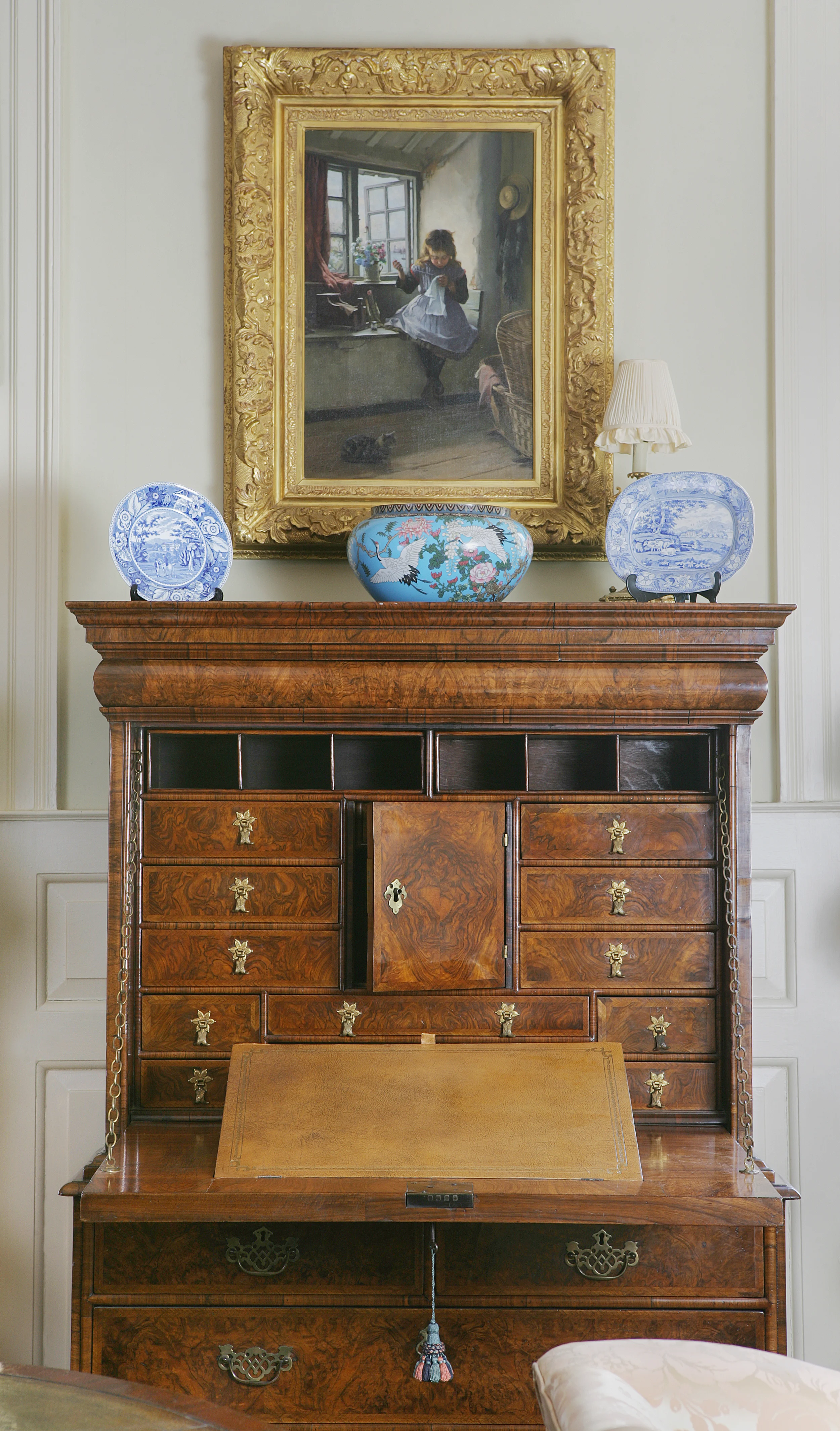 A beautiful escritoire above which hangs a painting by William Banks Fortescue 1850–1924, of the Newlyn School.