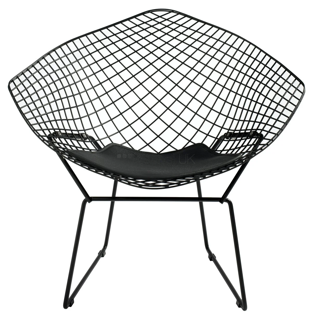 Bertoia Lounge Harry Bertoia Metallstomme med stoppad kudde i anilina läder finns i svart. B85, D73, H75. Lagerstatus: I lager.