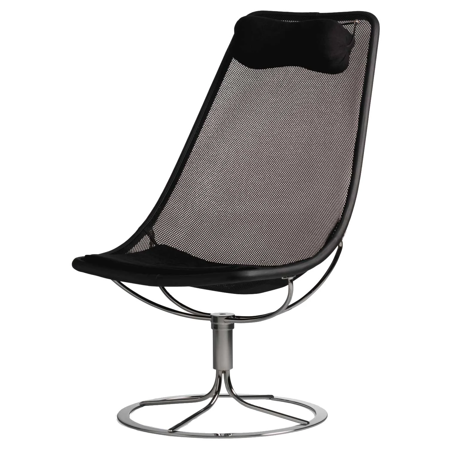 Jetson 66 - kort dyna Bruno Mathsson Mi 466. Fåtölj av förkromade stålrör, bärande nät av polyester, sittdyna och nackkudde i läder. B:57 cm, H:98,5 cm, SH:32 cm, D:82 cm. Lagerstatus: Ej i lager.