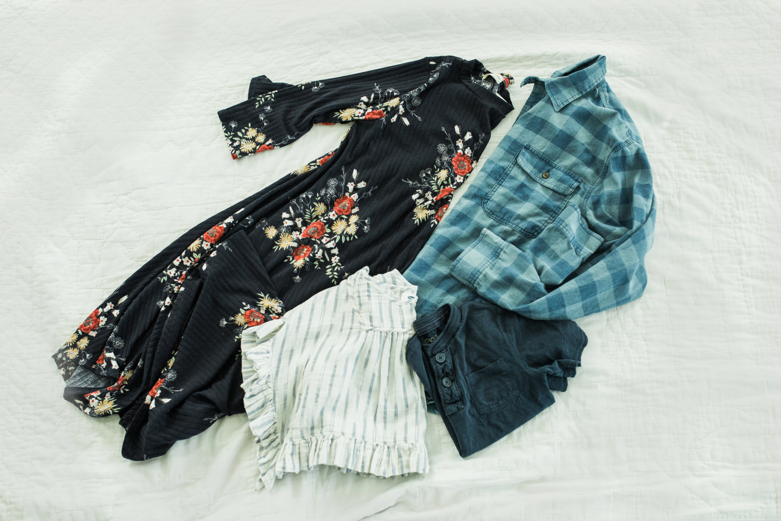 Same dress as the first collection but paired differently. Dad in chambray gingham. Girl in flowy striped top (pictured again), boy in blue henley. I would again put dad and boy in khaki, or rust colored denim.
