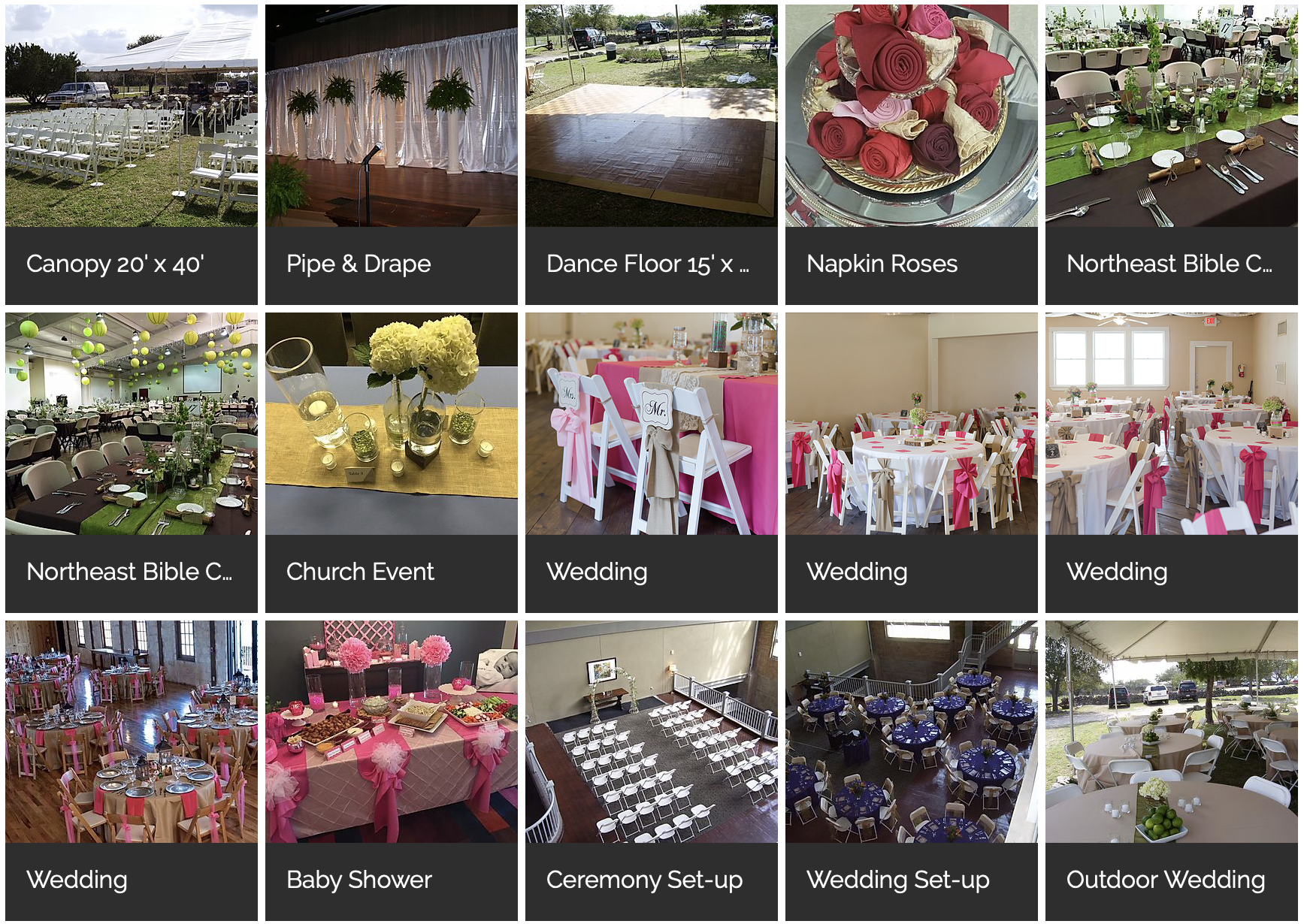 A collage of various event and wedding setups, including decorated tables, chairs, a dance floor, floral arrangements, and outdoor wedding space.