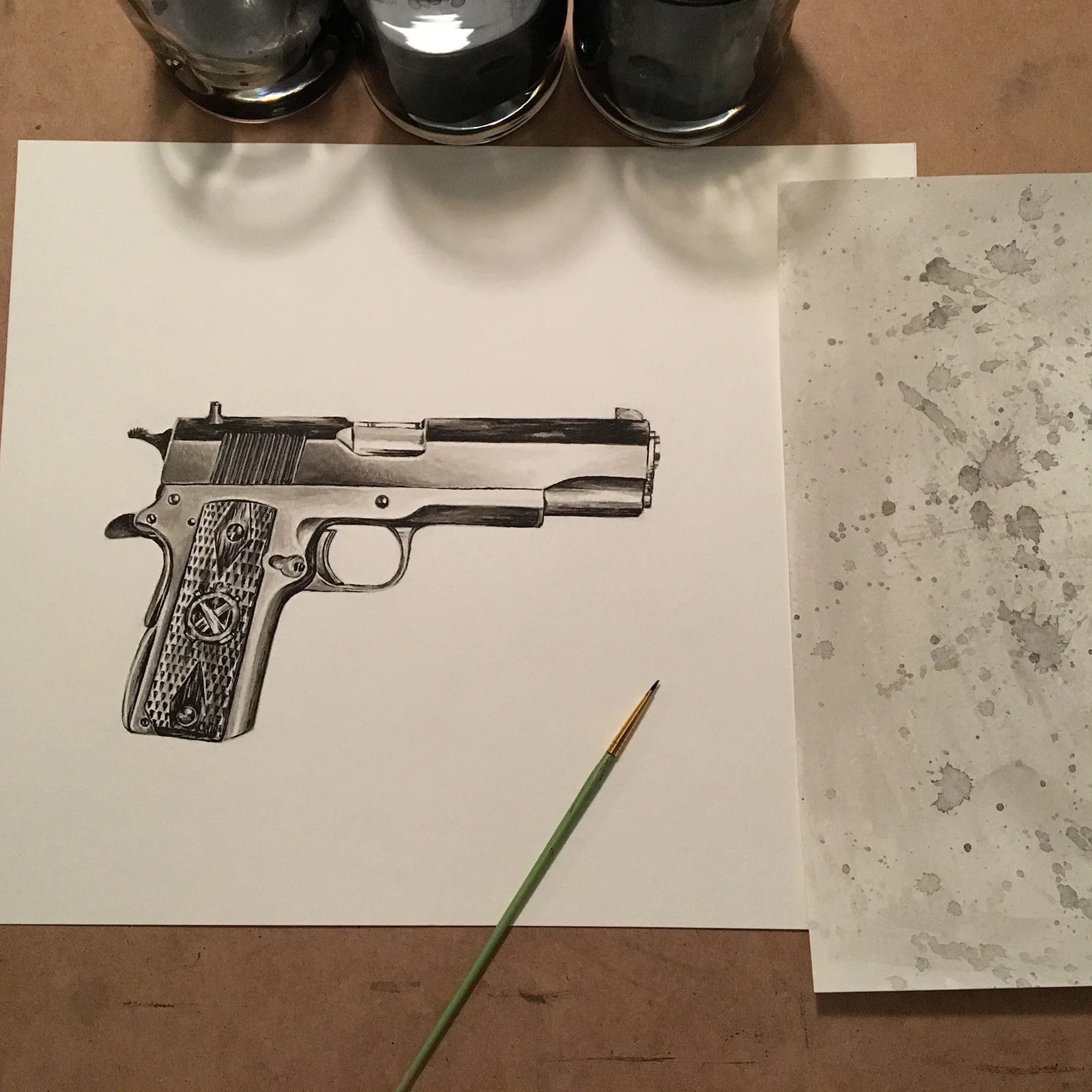 springfield 1911 ink wash painting by jordan fretz