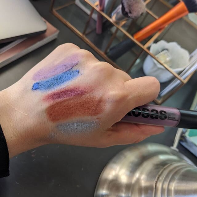 Swatches of @kosas liquid eyeshadows. Unique formula dries to a powder, and does a decent job of locking in. The flamboyant colors, however, take some time and skill.