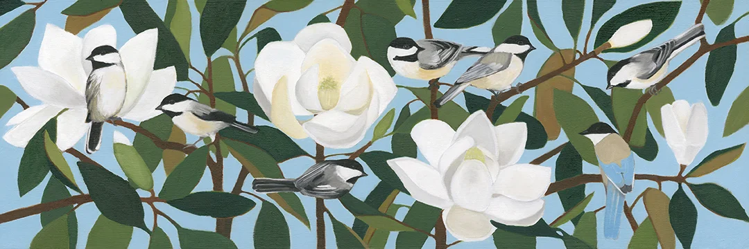 Chickadees and Azure-Winged Magpie on Southern Magnolia